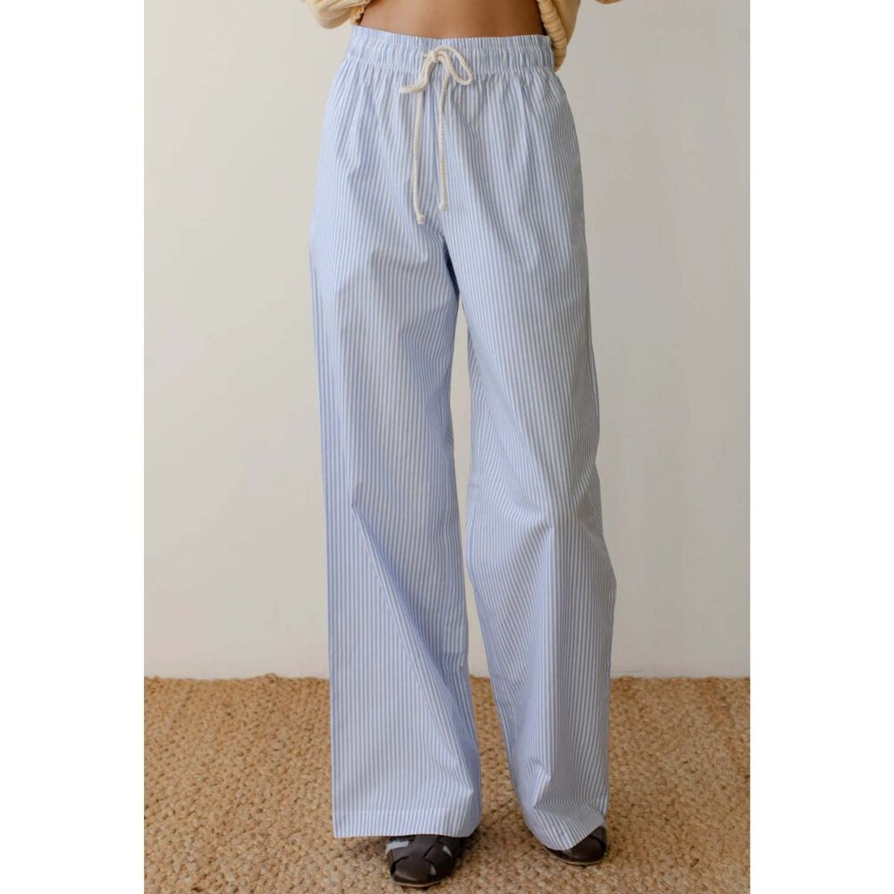 NWOT Donni Pop Pants Poplin Wide Leg Drawstring Waist Blue & White Stripe Medium
